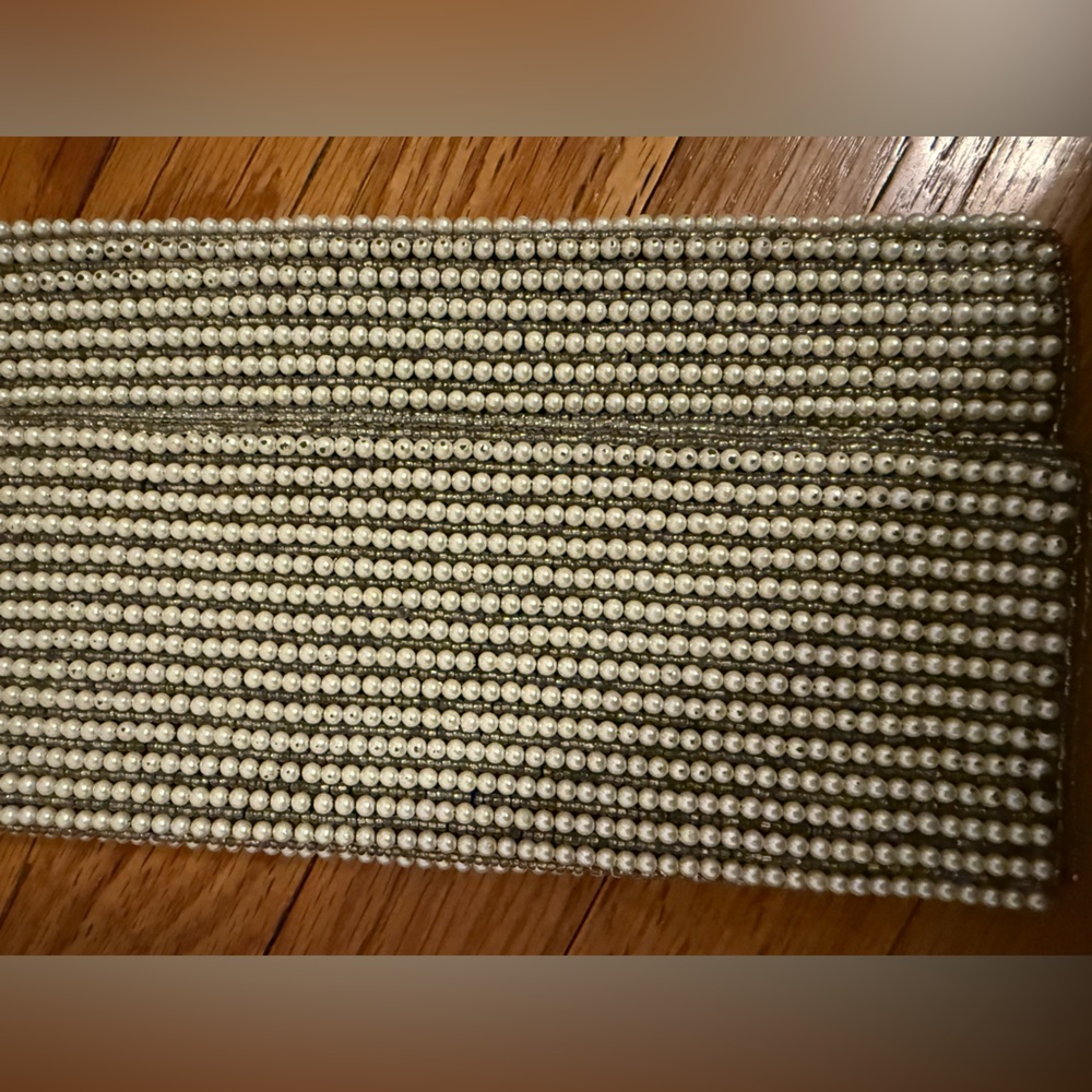 Pearl-Trim Wide Clutch in Cream